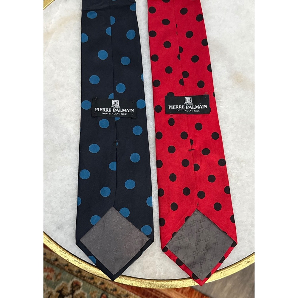 Pierre Balmain Polka Dot Silk Ties Set of 2 Red & Blue Italian Designer Neckties - Picture 3 of 8